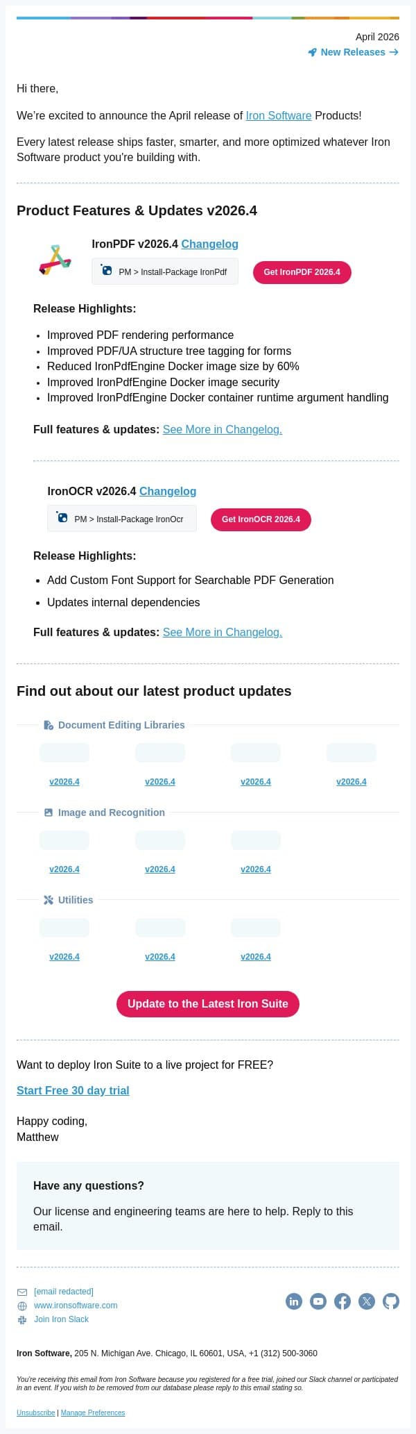 Iron Software v2026.4 update includes an important improvement email from IronOCR screenshot