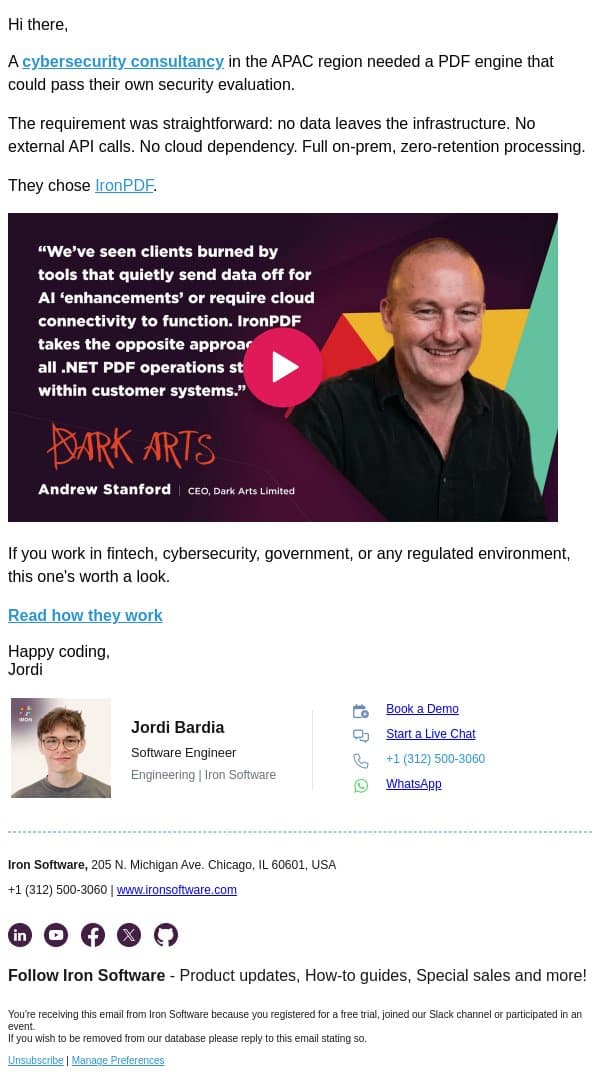 IronPDF in Regulated Environments: A Cybersecurity Firm’s Approach email from IronOCR screenshot