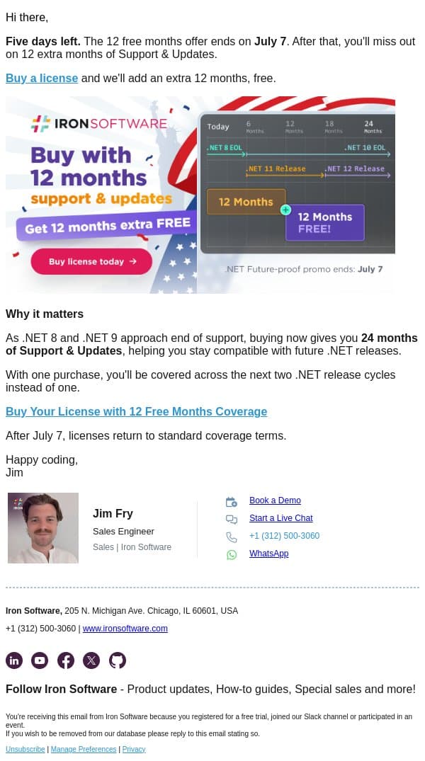 Five days left. Get 12 free months before July 7. email from IronOCR screenshot