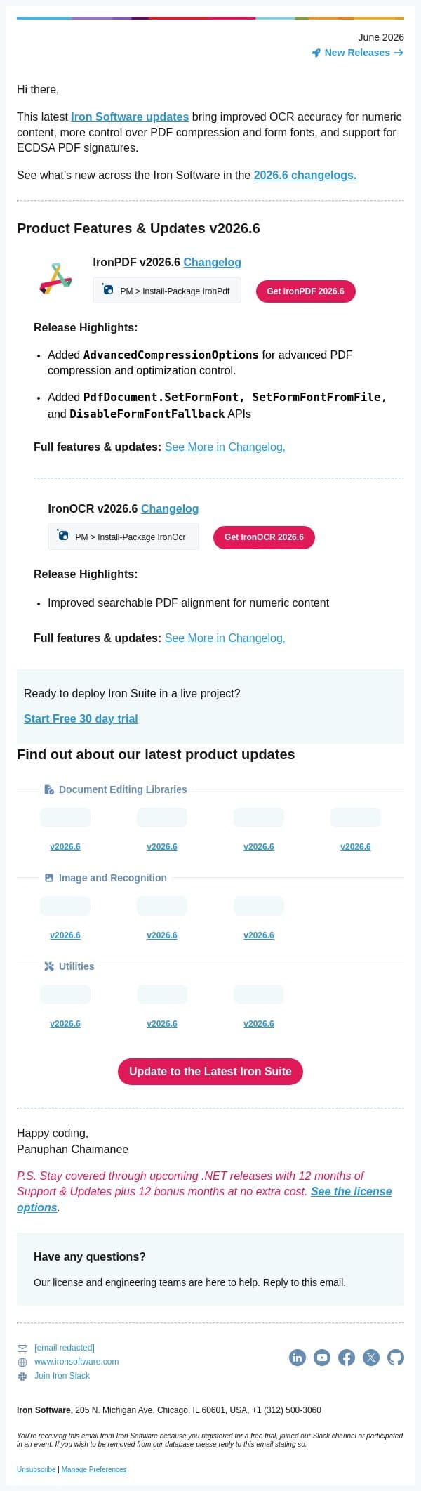 there, Iron Software v2026.6 is here email from IronOCR screenshot
