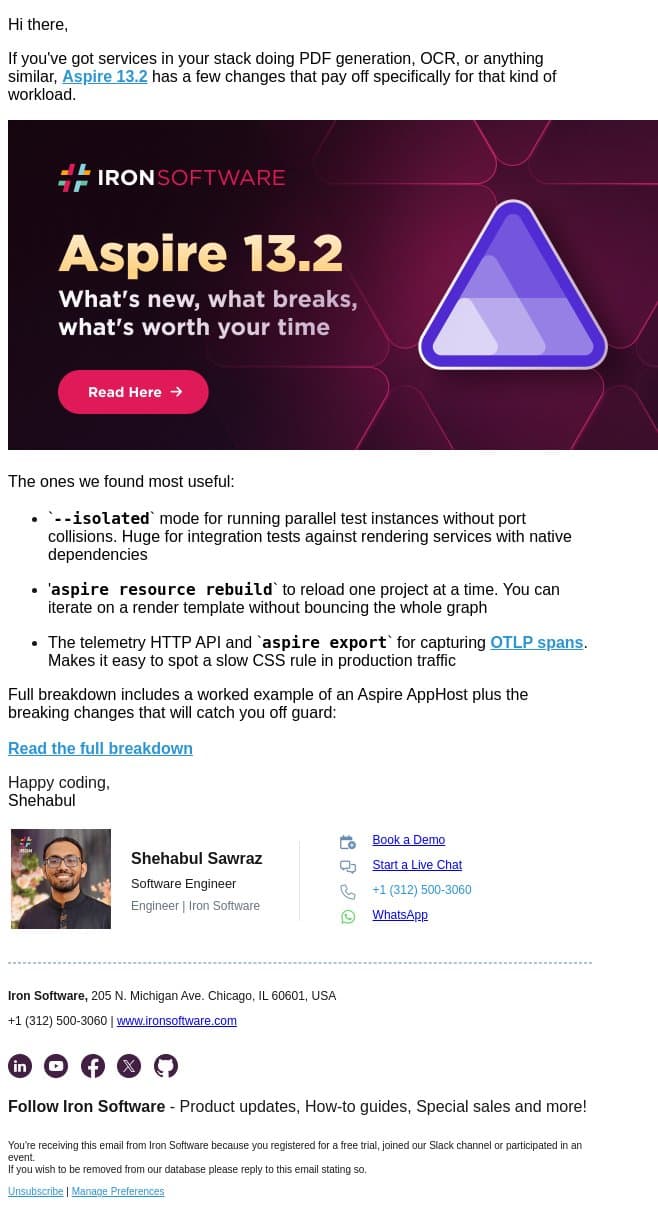 Aspire 13.2: the CLI is finally a CLI email from IronOCR screenshot