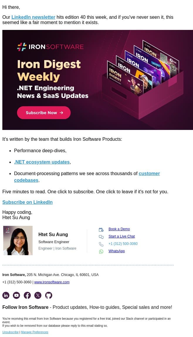 Weekly .NET updates, written by Iron engineers email from IronOCR screenshot
