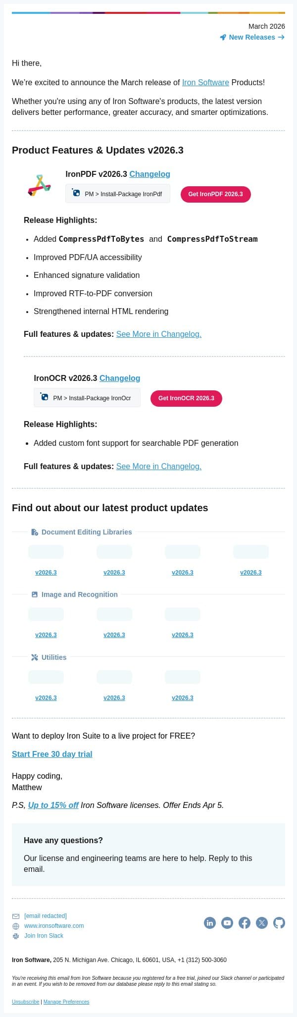 Iron Software v2026.3 update includes an important improvement email from IronOCR screenshot