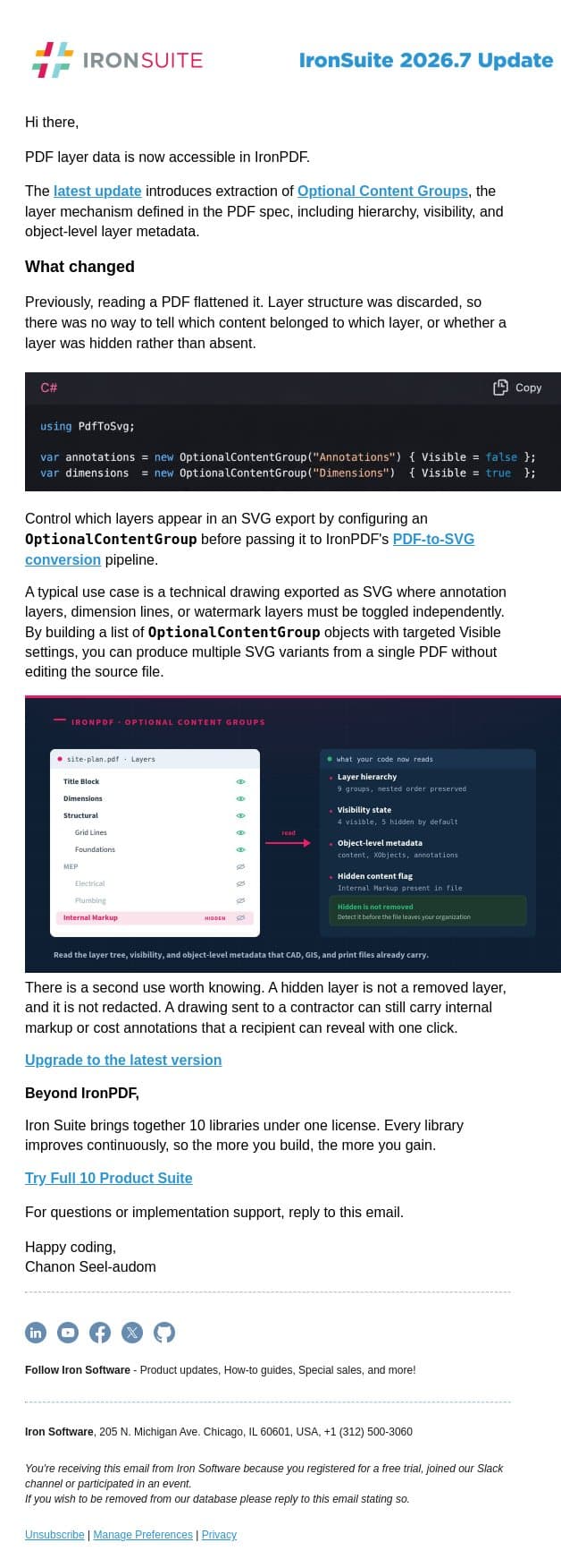 PDF layer extraction in C#: hierarchy, visibility, metadata email from IronOCR screenshot