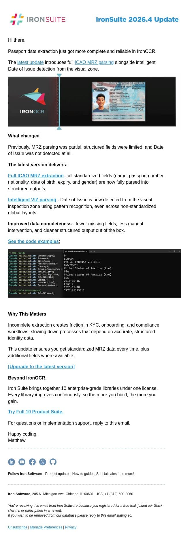New: Extract passport data with improved accuracy email from IronOCR screenshot