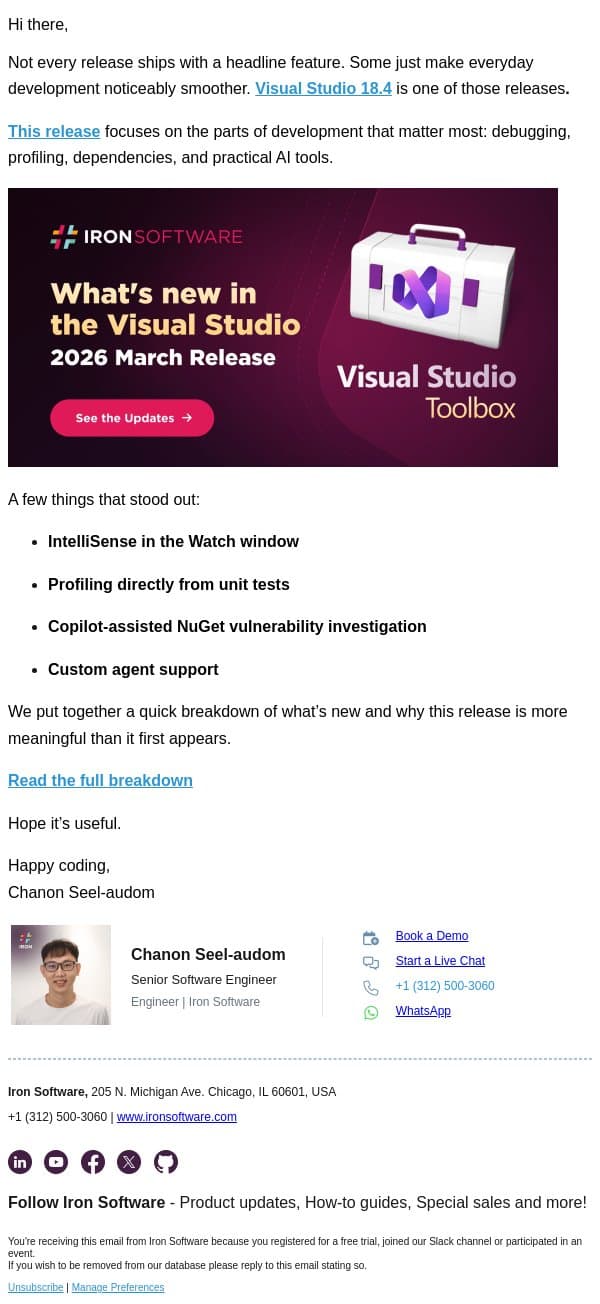Visual Studio 18.4: what’s actually worth your attention email from IronOCR screenshot