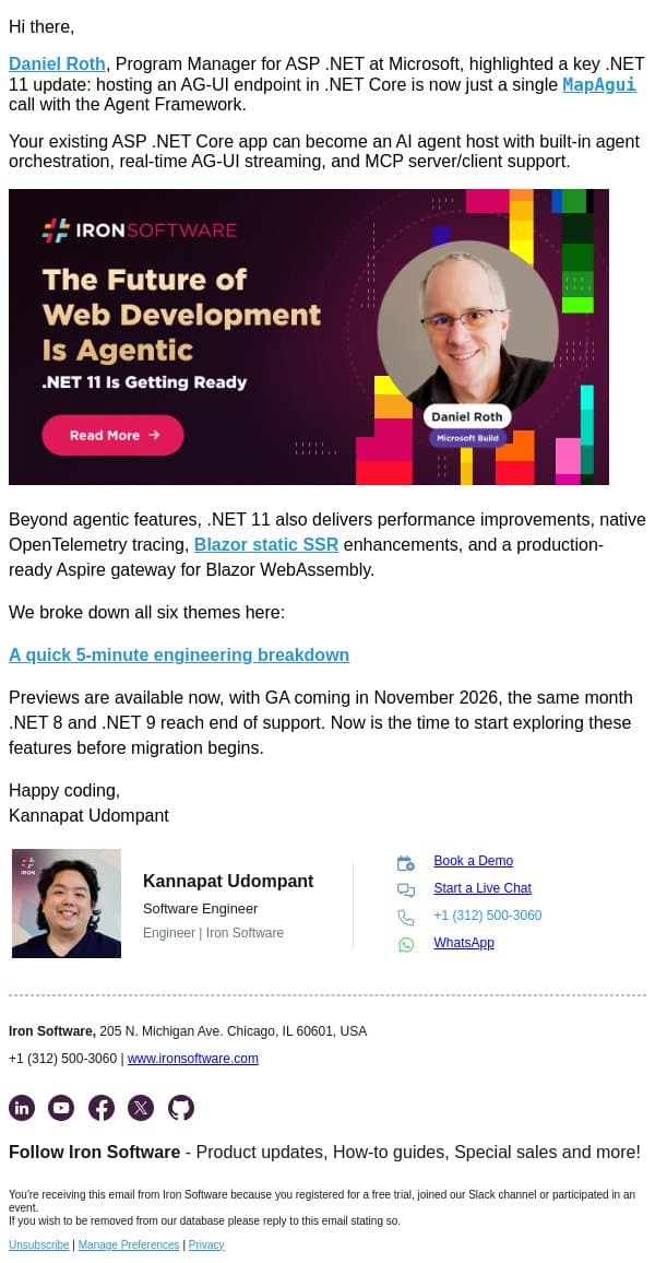 Building for the agentic web with .NET 11 email from IronOCR screenshot