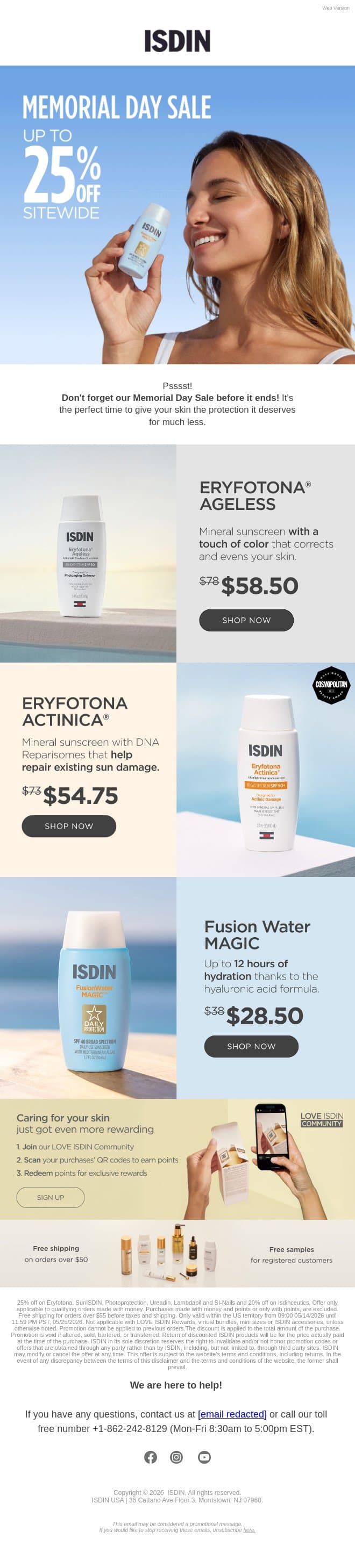 Now or never! Memorial Day Sale is coming to an end…⏳ email from ISDIN screenshot
