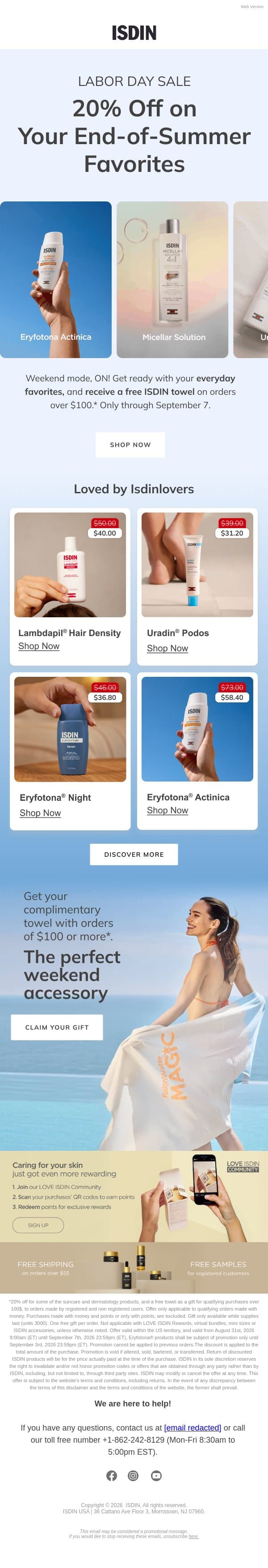 Enjoy 20% off this long weekend ☀️ email from ISDIN screenshot
