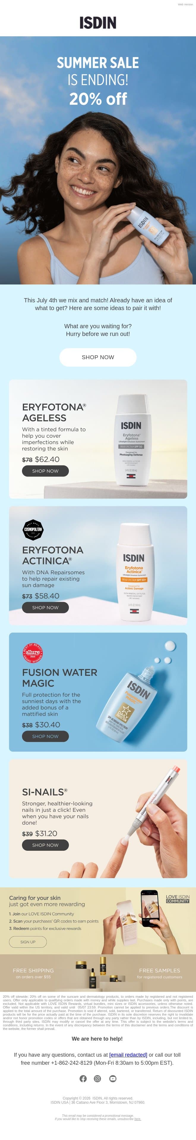 20% off this 4th of July to get everything you need! email from ISDIN screenshot