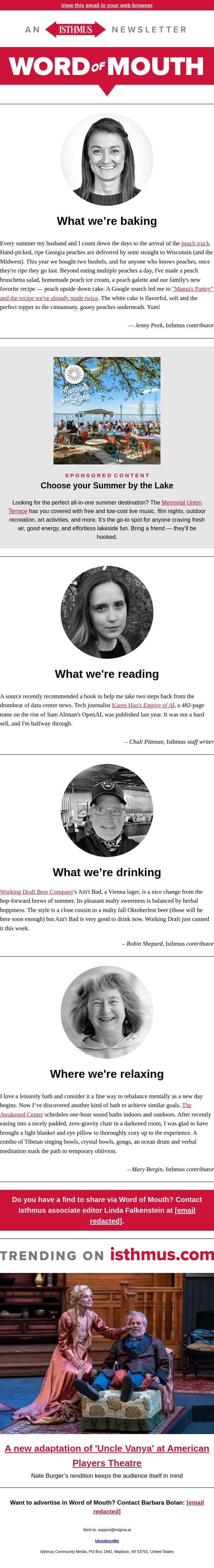 🍑 + more recommendations | Isthmus Word of Mouth for July 7, 2026 email from Isthmus screenshot