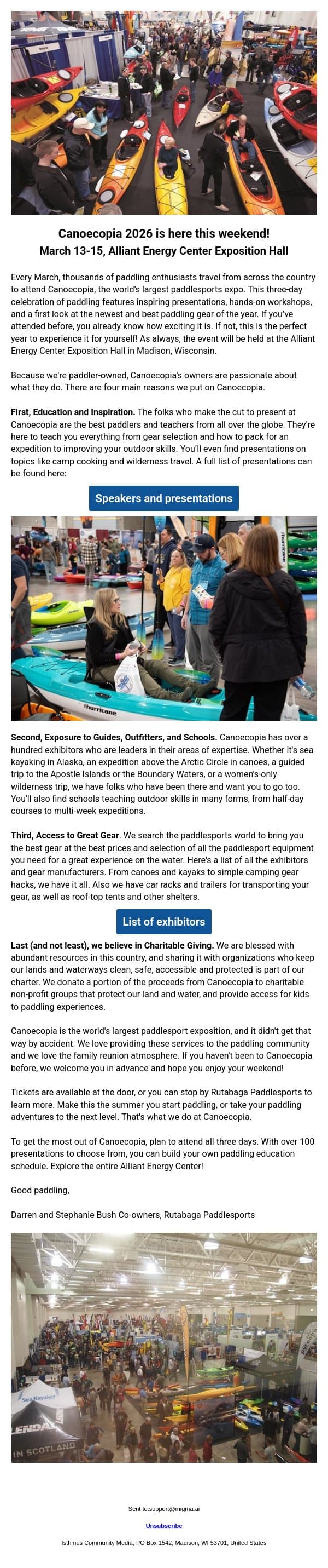 SPONSORED | Canoecopia 2026 is here this weekend! email from Isthmus screenshot