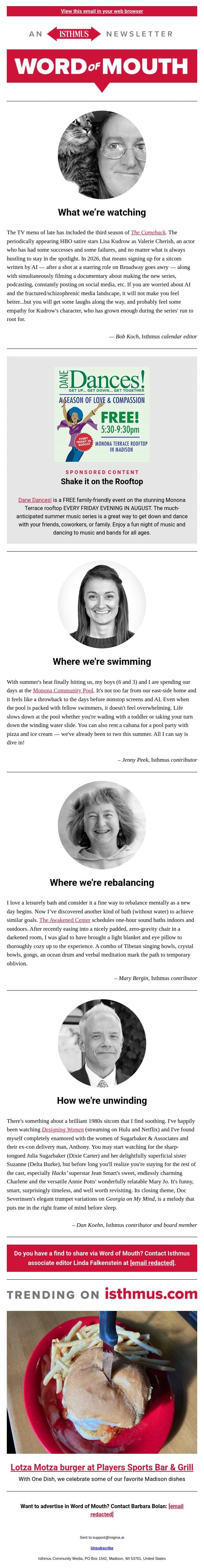 Cherish is the word + more recommendations | Isthmus Word of Mouth for July 21, 2026 email from Isthmus screenshot