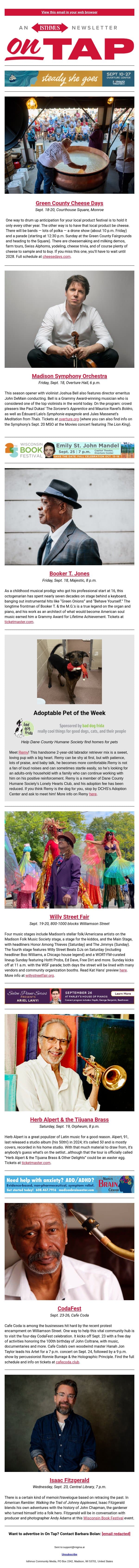Cheese and other delights + more events in and around Madison Sept. 17-24, 2026 email from Isthmus screenshot