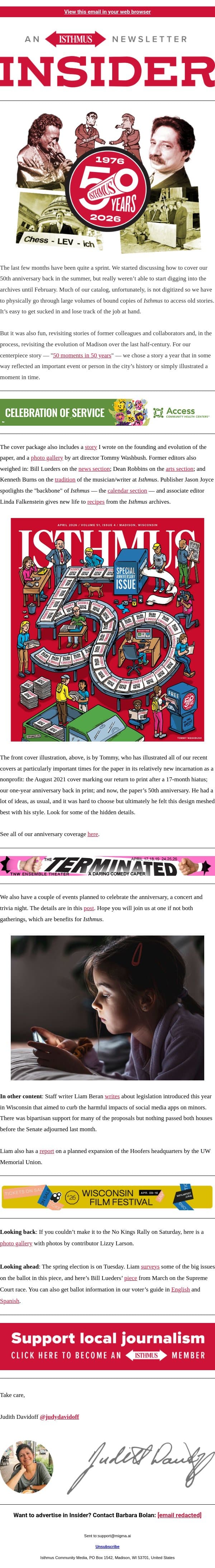 The 50th anniversary issue of Isthmus is out! email from Isthmus screenshot