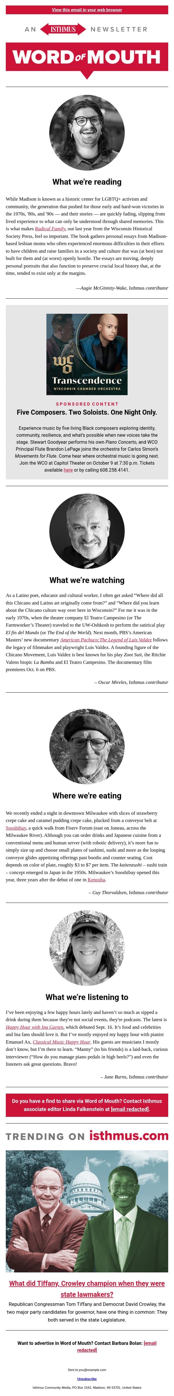 Family matters + more recommendations | Isthmus Word of Mouth for Sept. 29, 2026 email from Isthmus screenshot