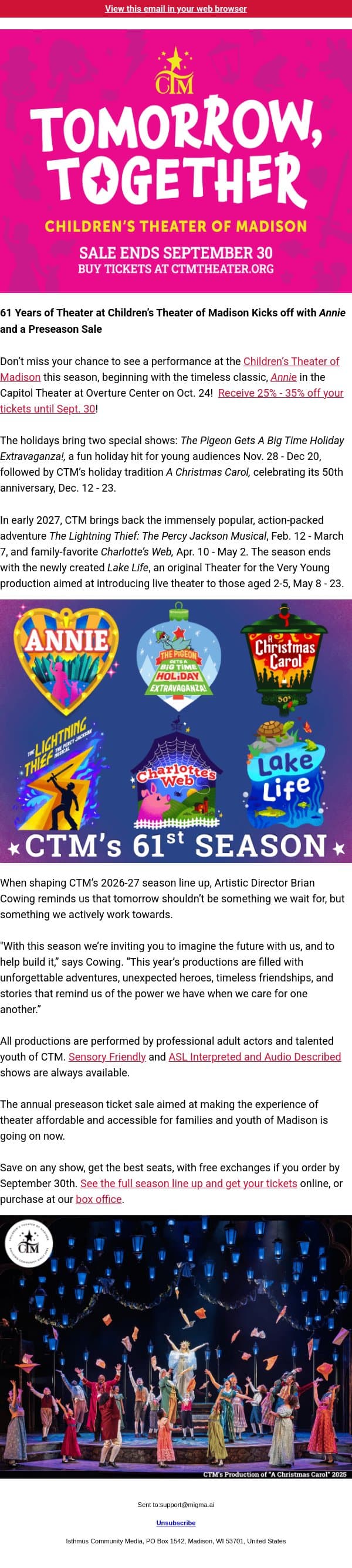 SPONSORED | 61 Years of Theater at Children’s Theater of Madison Kicks off with Annie and a Preseason Sale email from Isthmus screenshot