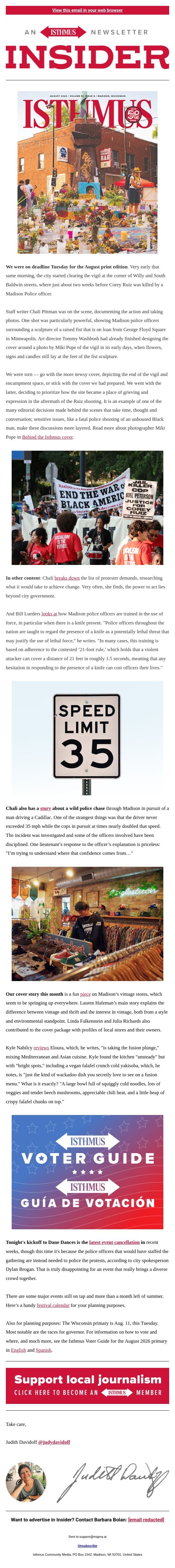 The August issue is out! email from Isthmus screenshot