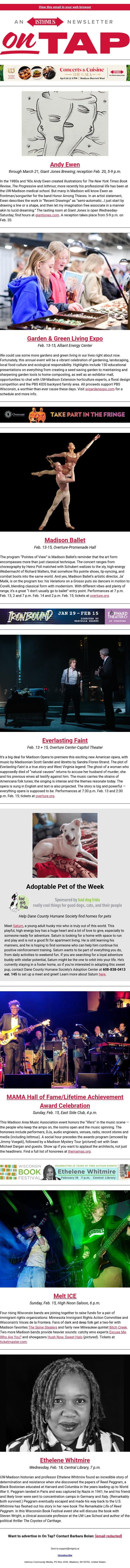 🎵👻s + more events in and around Madison Feb. 12-19 2026 email from Isthmus screenshot