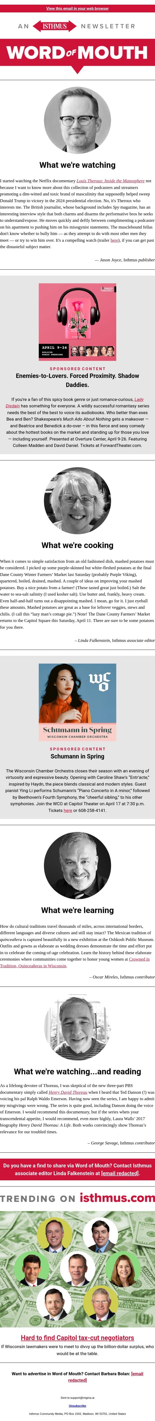 Bro-back + more recommendations | Isthmus Word of Mouth for April 7, 2026 email from Isthmus screenshot