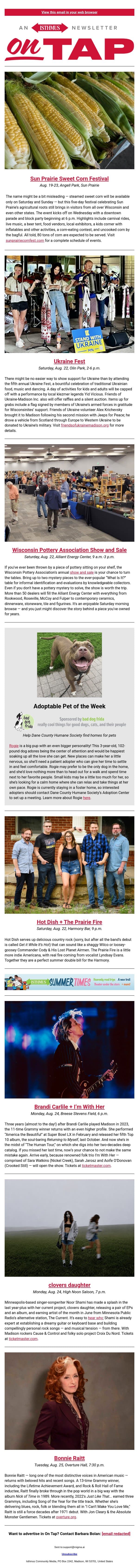 Spoon up some Hot Dish + more events in and around Madison Aug. 20-27, 2026 email from Isthmus screenshot
