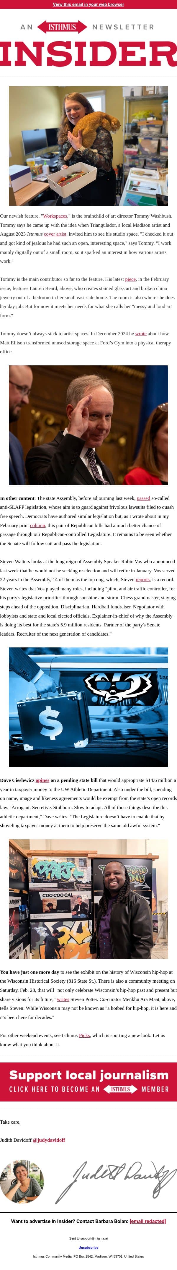 A peek into local artist studios email from Isthmus screenshot