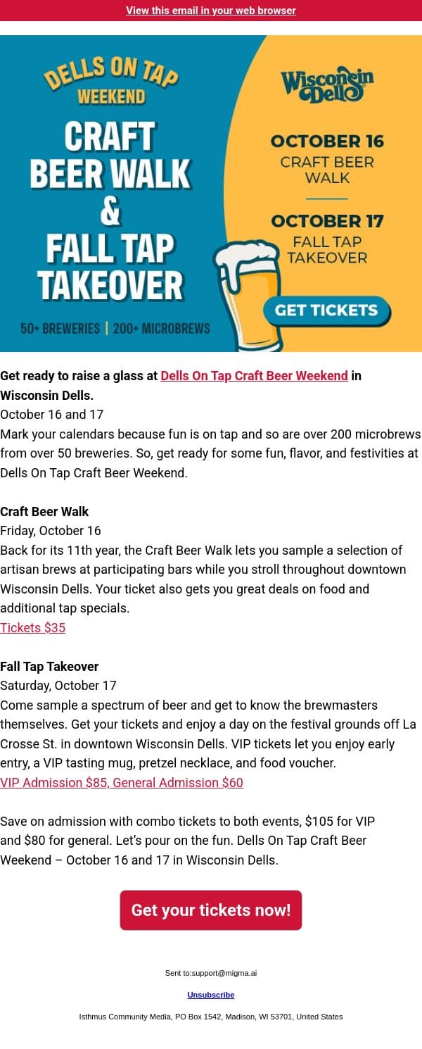 SPONSORED | Dells On Tap Craft Beer Weekend email from Isthmus screenshot