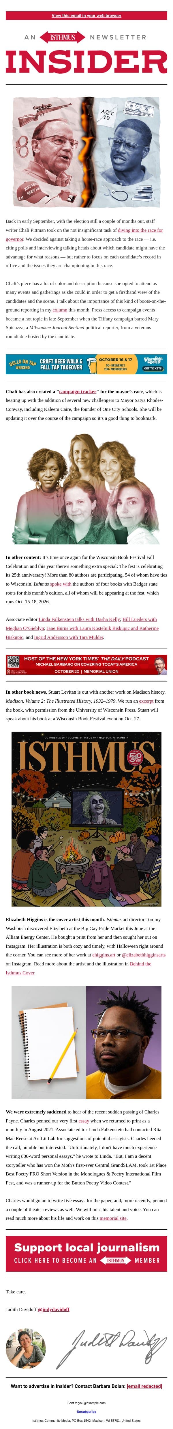 Races heat up, Wisconsin Book Fest has a big birthday email from Isthmus screenshot