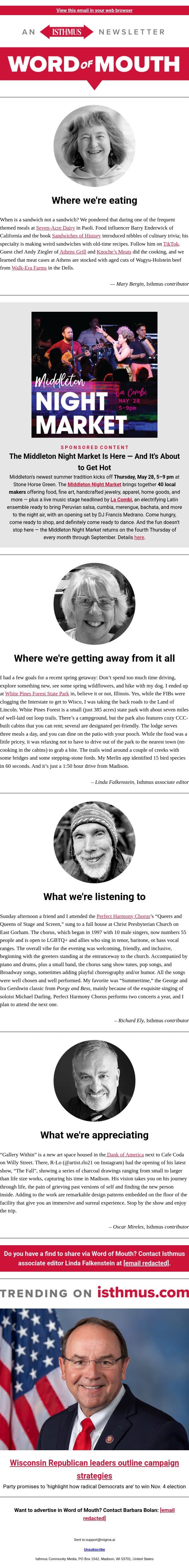 Sandwiched in + more recommendations | Isthmus Word of Mouth for May 26, 2026 email from Isthmus screenshot