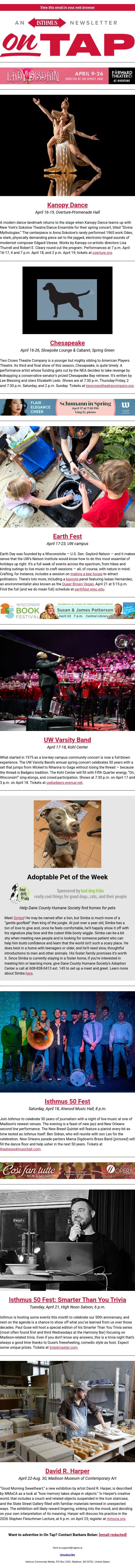 Isthmus throws a 50th b-day party + more events in and around Madison April 16-23, 2026 email from Isthmus screenshot