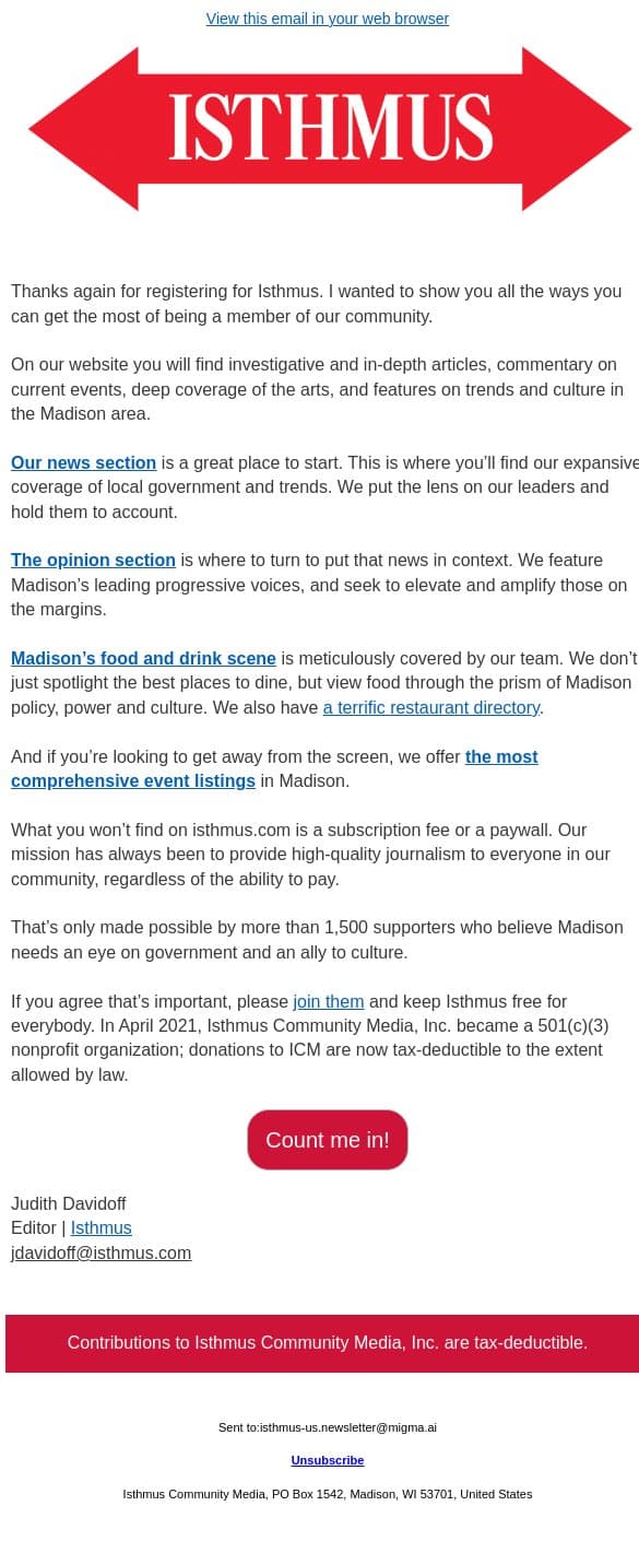 Got a minute? Let me show you around email from Isthmus screenshot