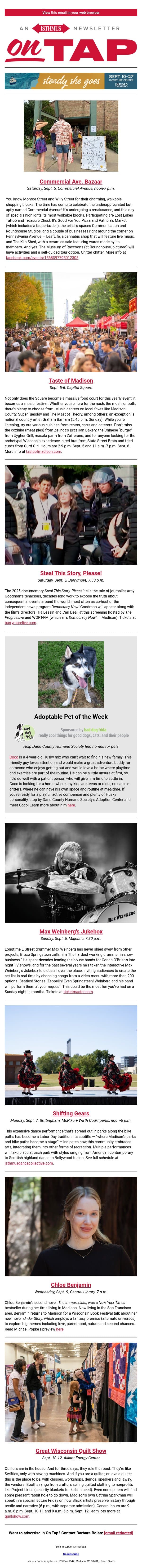 🦝, 🍔, 🍕 + more events in and around Madison Sept. 3-10, 2026 email from Isthmus screenshot