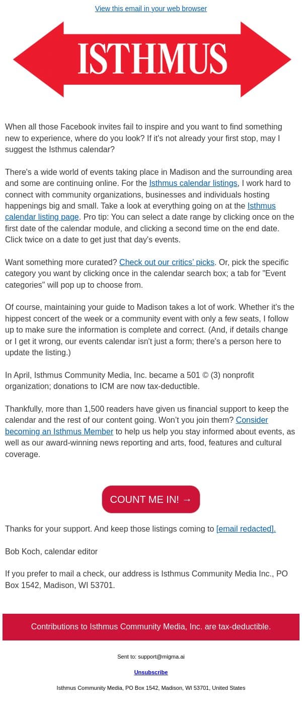 Where to go and what to do: the Isthmus calendar email from Isthmus screenshot