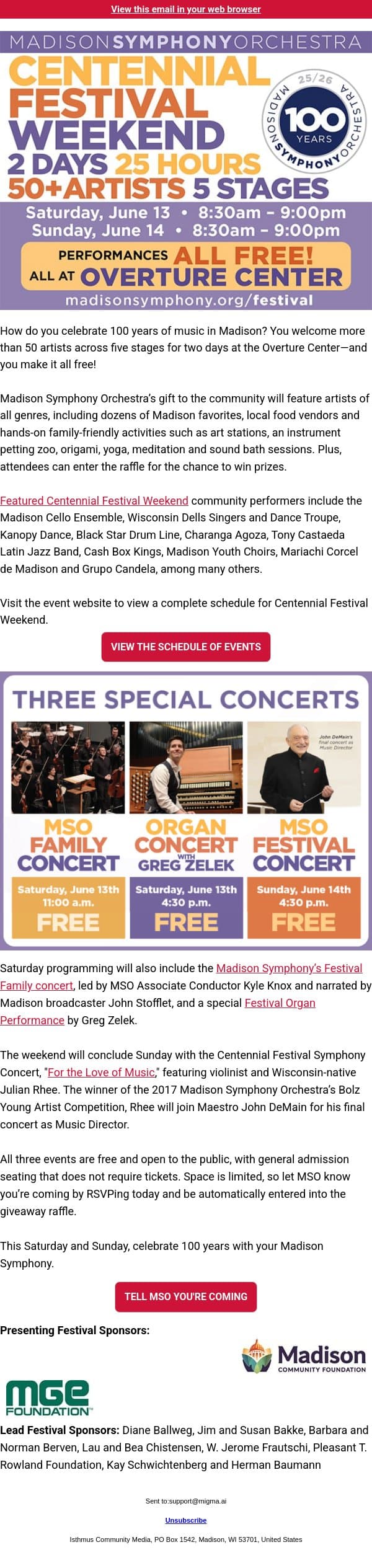 SPONSORED | MSO Centennial Festival Weekend at Overture Center – FREE! email from Isthmus screenshot