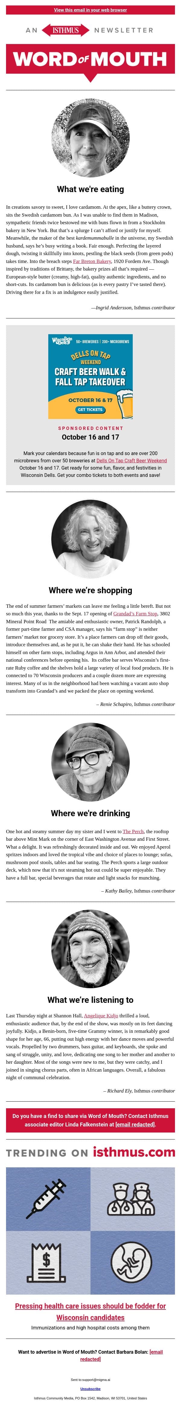 It’s quite a perch + more recommendations | Isthmus Word of Mouth for Sept. 22, 2026 email from Isthmus screenshot