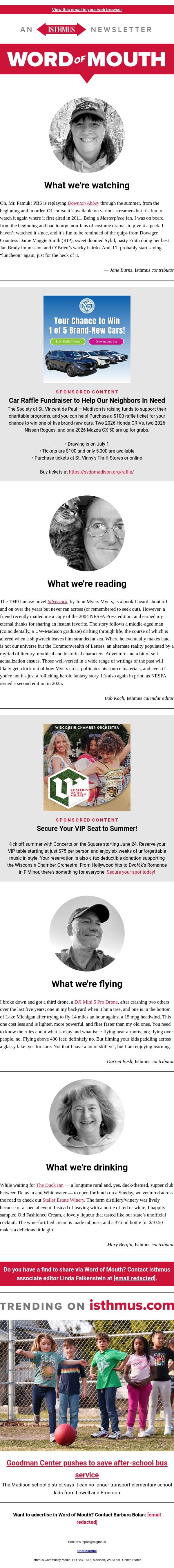 Droning on + more recommendations | Isthmus Word of Mouth for June 2, 2026 email from Isthmus screenshot