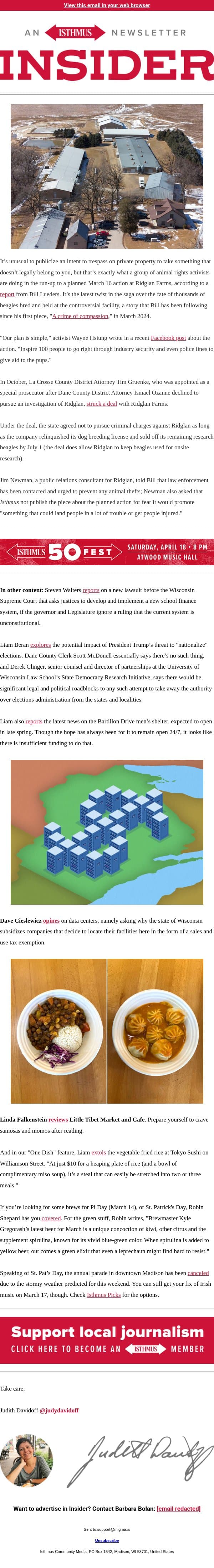 More on the Ridglan Farms beagle story email from Isthmus screenshot