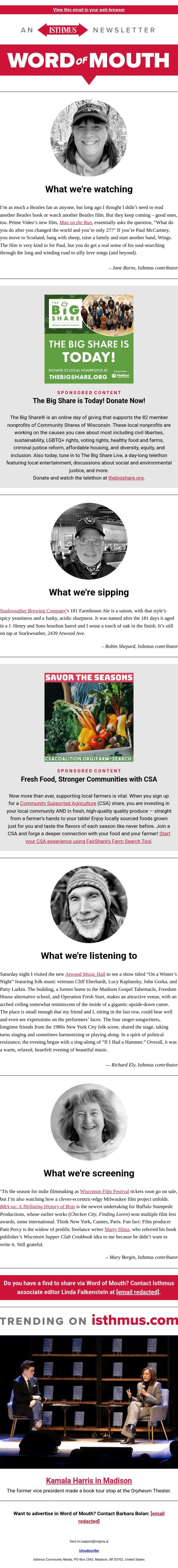 The cute one + more recommendations | Isthmus Word of Mouth for March 3, 2026 email from Isthmus screenshot