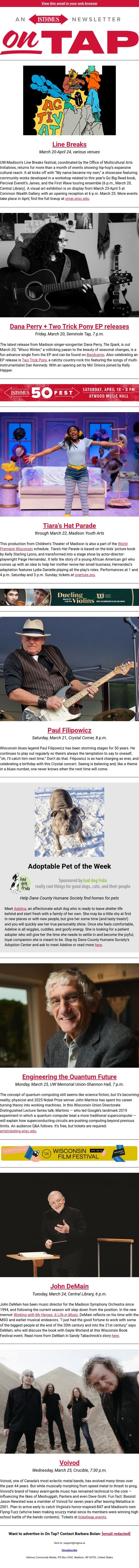 Line Breaks + more events in and around Madison March 19-26, 2026 email from Isthmus screenshot