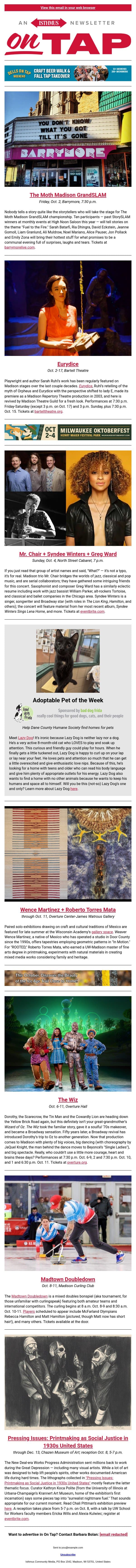 Like Moths to the Barrymore + more events in and around Madison Oct. 1-8, 2026 email from Isthmus screenshot