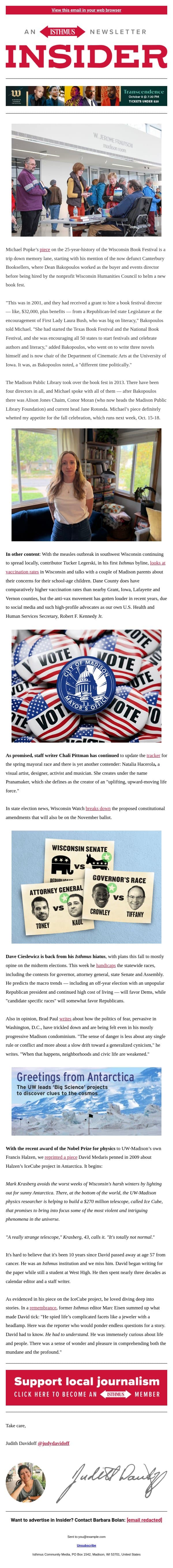 25 years of Wisconsin Book Fest memories email from Isthmus screenshot