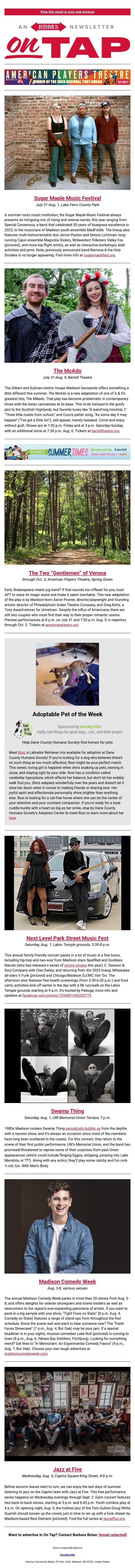 Fiddlin' around + more events in and around Madison July 30-Aug. 6, 2026 email from Isthmus screenshot