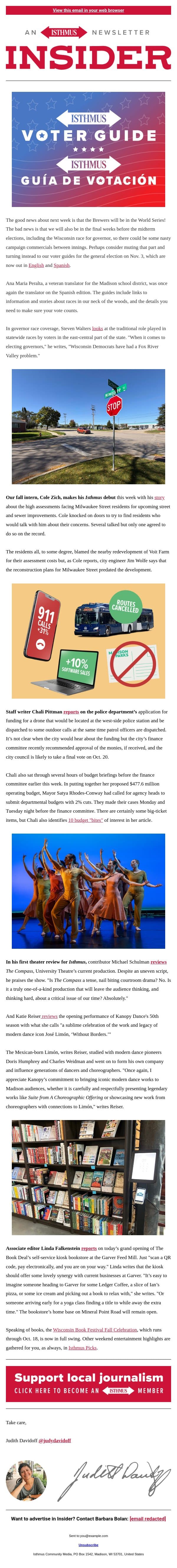 Drones, dance, books and budgets email from Isthmus screenshot