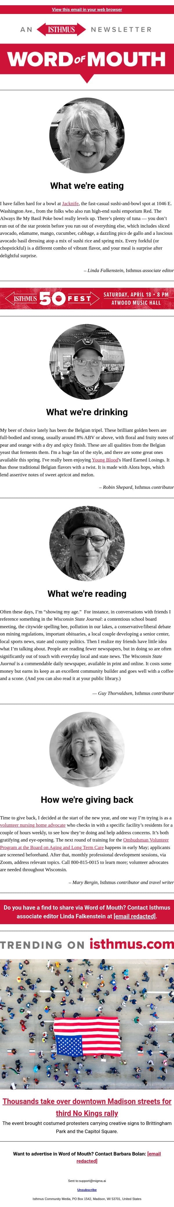 🥣, 📰 + more recommendations | Isthmus Word of Mouth for March 31, 2026 email from Isthmus screenshot