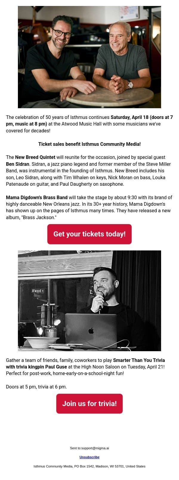 🎹Isthmus 50 Fest🎺 features Ben Sidran, New Breed Quintet, Mama Digdown's Brass Band 🥁 email from Isthmus screenshot