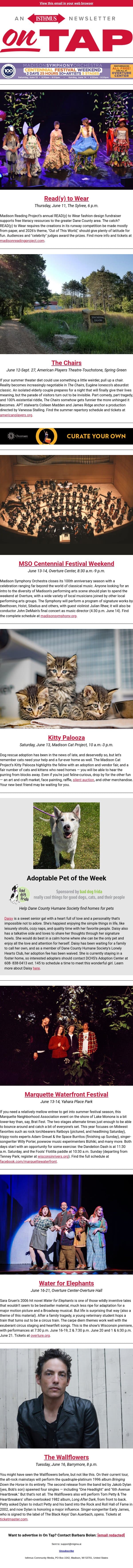 The festivals have started + more events in and around Madison June 11-18, 2026 email from Isthmus screenshot