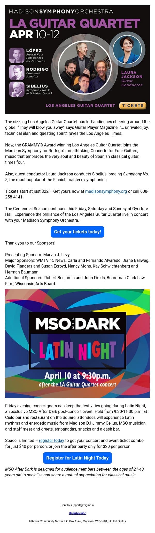 SPONSORED | See the LA Guitar Quartet at Overture Hall email from Isthmus screenshot