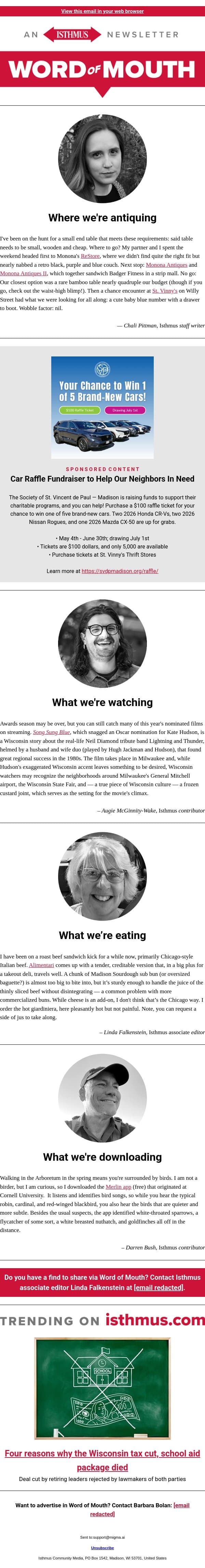 Vintage tables + more recommendations | Isthmus Word of Mouth for May 19, 2026 email from Isthmus screenshot