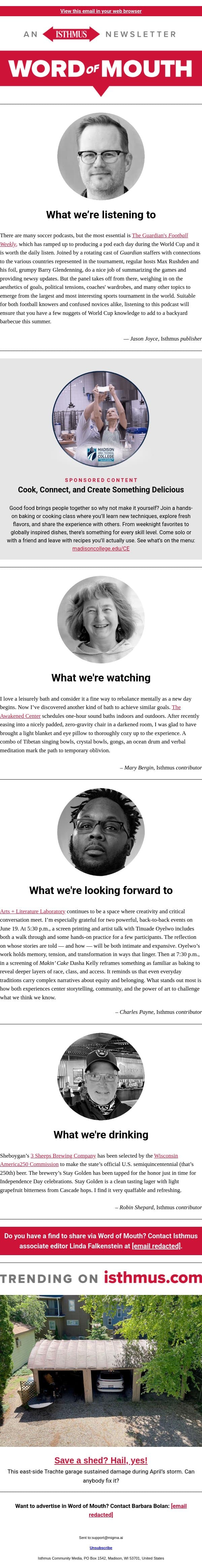 World Cup + more recommendations | Isthmus Word of Mouth for June 16, 2026 email from Isthmus screenshot