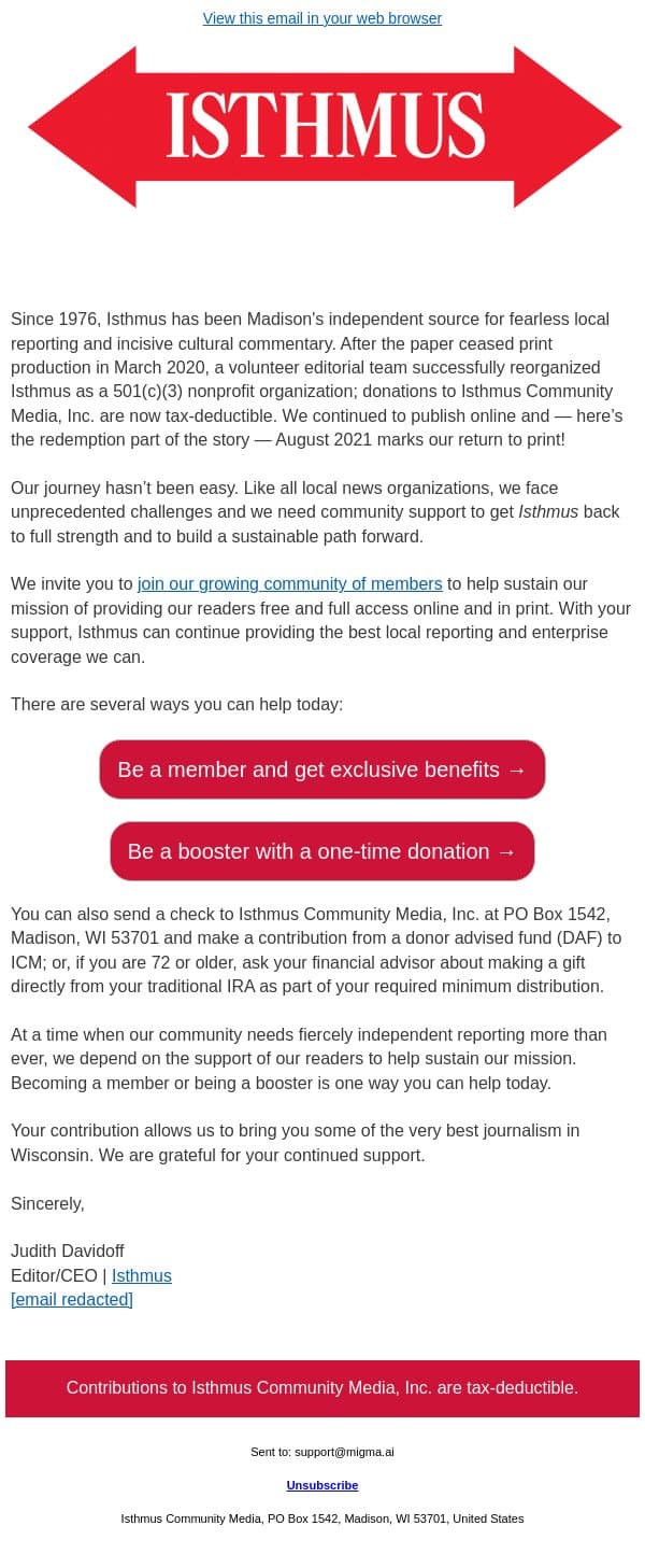Two ways to support local journalism email from Isthmus screenshot